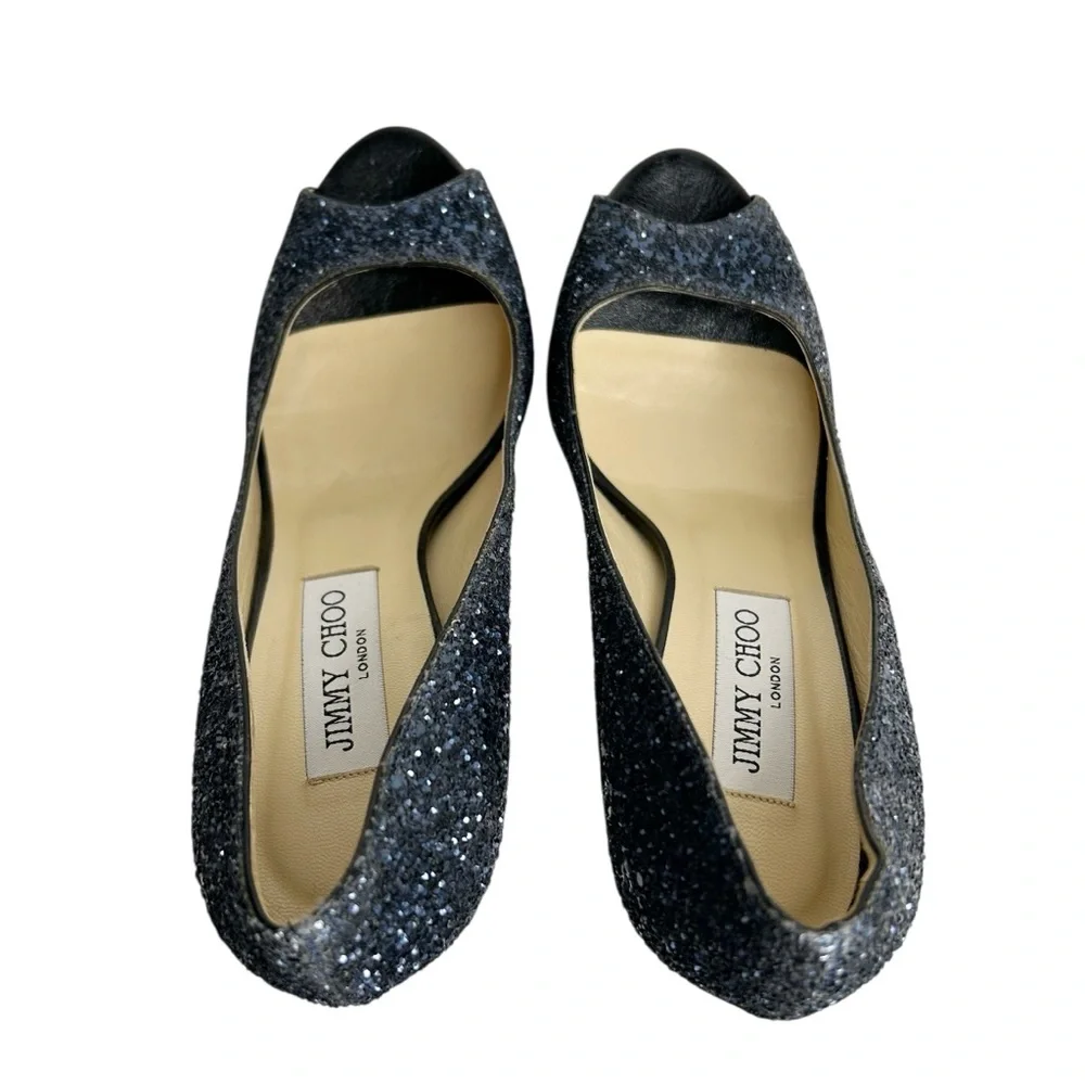 JIMMY CHOO Crown Coarse Glitter Peep Toe Stiletto Heels - Picture 9 of 12